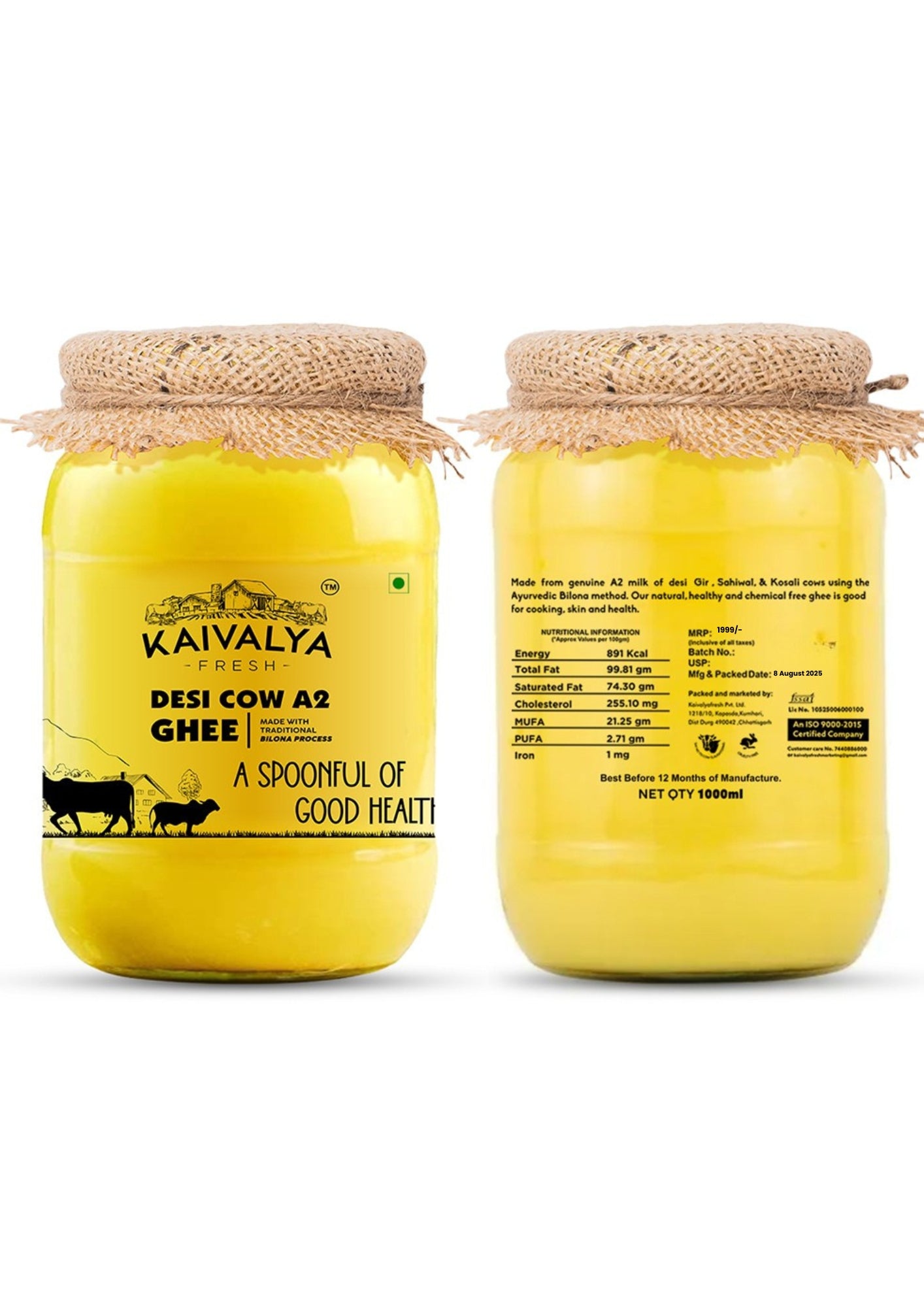Kaivalya Fresh A2 Desi Cow Ghee 1 Litre (1000ml x 2) Pack of 2