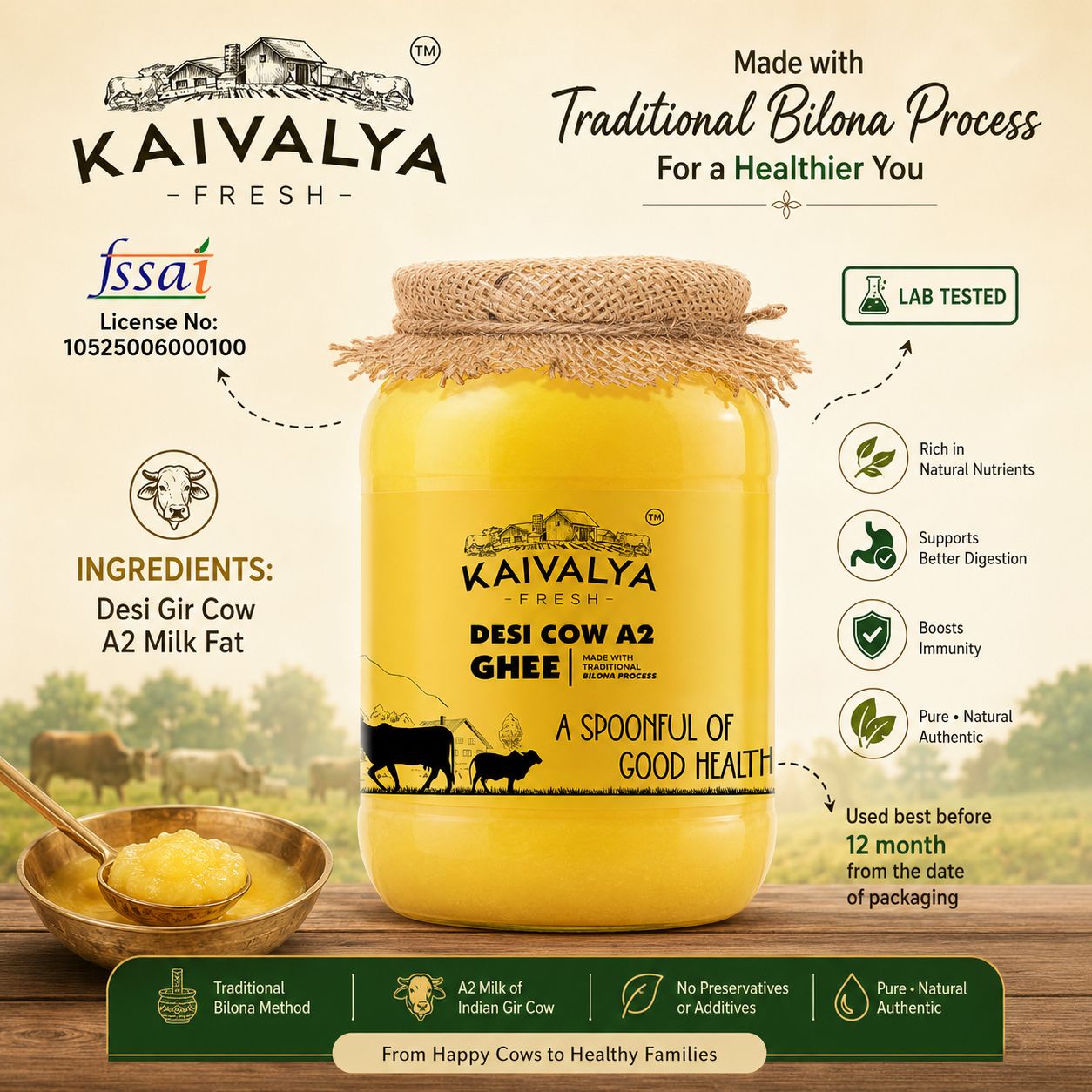 Desi Cow A2 Ghee - Made From Curd 500 Ml